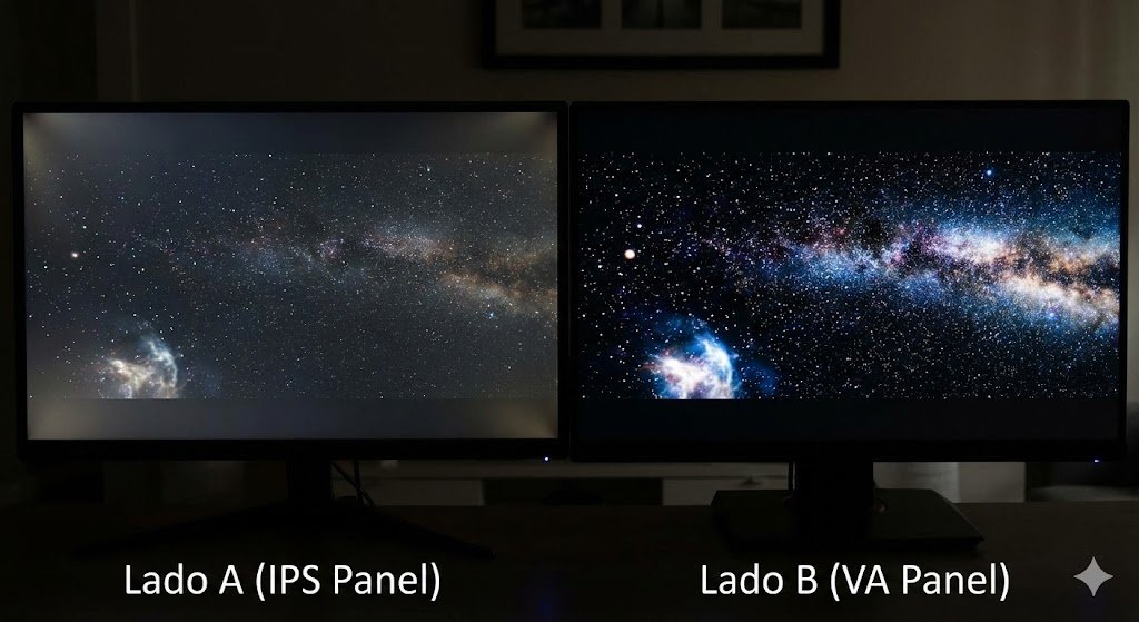 Comparativo de contraste e nível de preto entre tela IPS e tela VA.