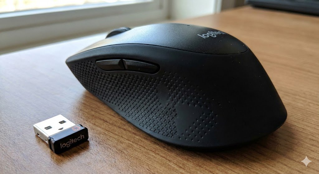 Mouse Logitech M280 ergonômico com receptor USB.