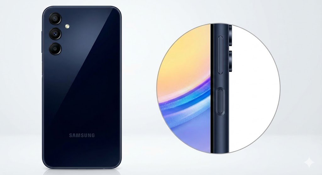 Design traseiro e lateral do Samsung Galaxy A15 5G.