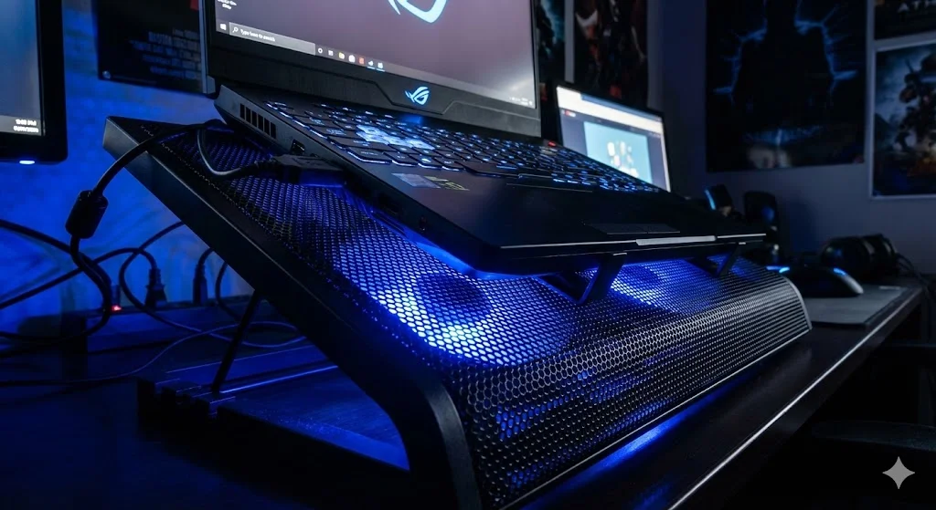 Base cooler para notebook gamer com LED azul.
