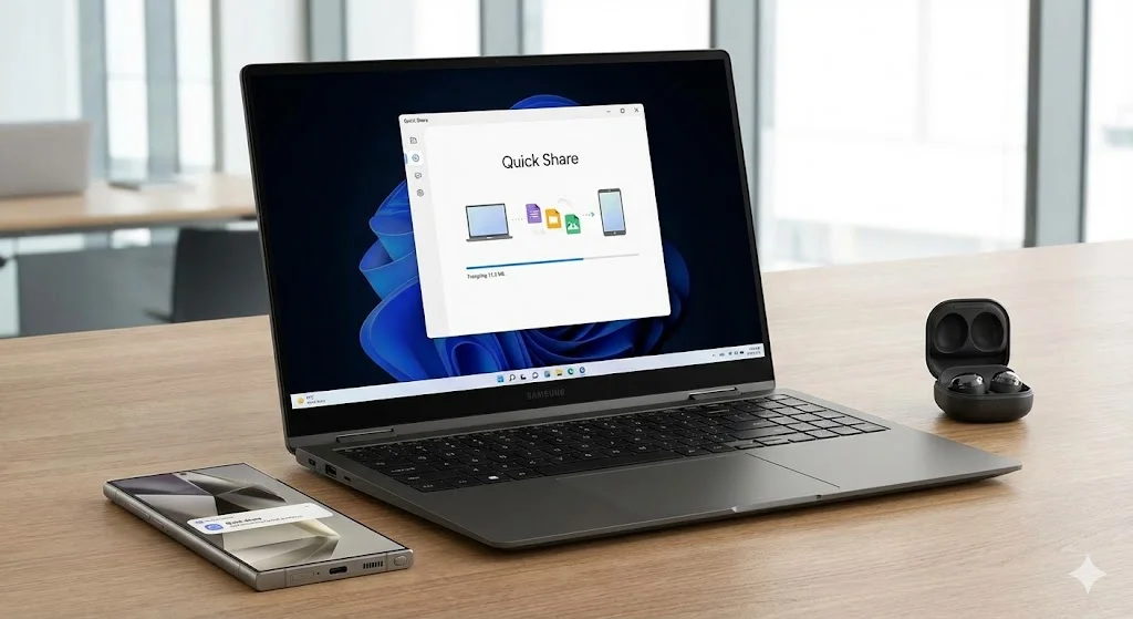 Integração do Ecossistema Samsung Galaxy: Celular e Notebook conectados.