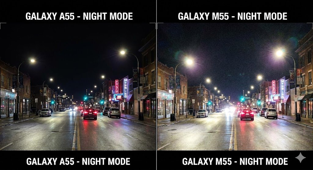 Teste de câmera noturna Galaxy A55 vs Galaxy M55.