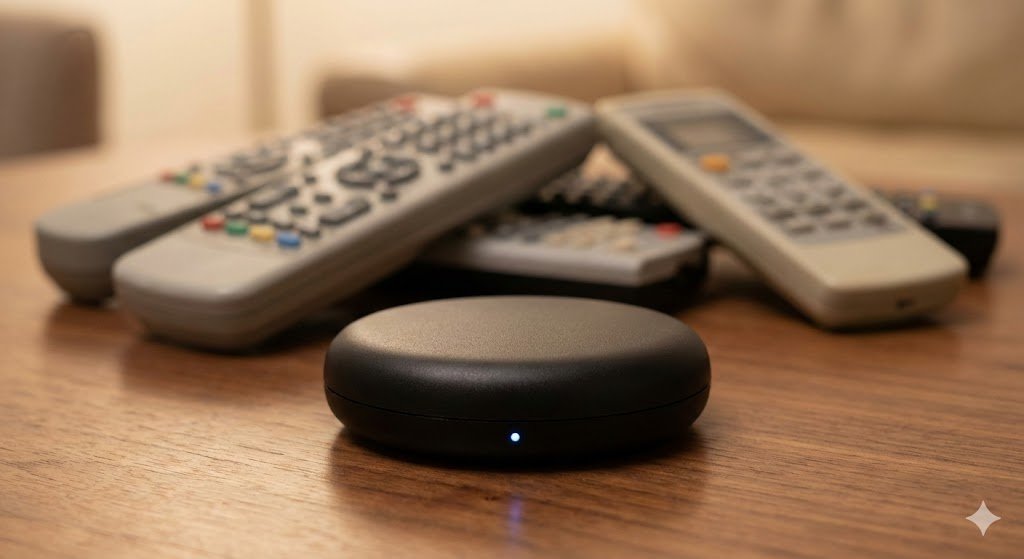 Controle Universal Inteligente infravermelho substituindo controles remotos tradicionais.