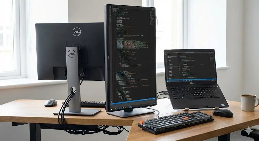 Monitor Dell com ajuste de altura e rotação vertical.