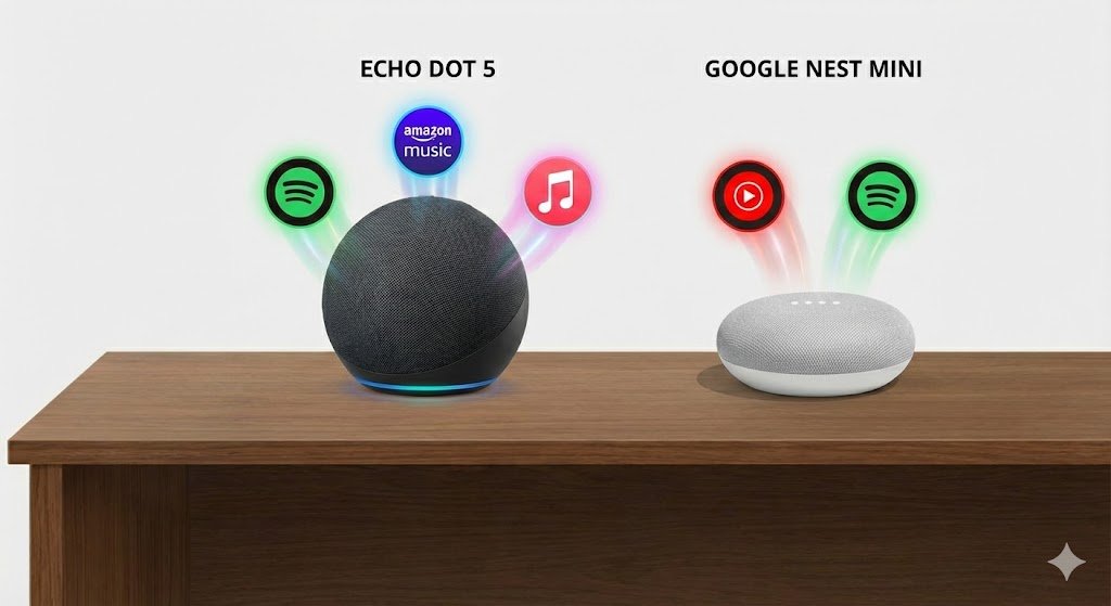 Serviços de música compatíveis com Alexa e Google Nest.