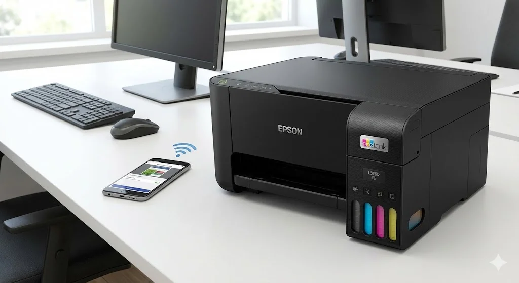Impressora Epson EcoTank L3250 com tanque de tinta visível.