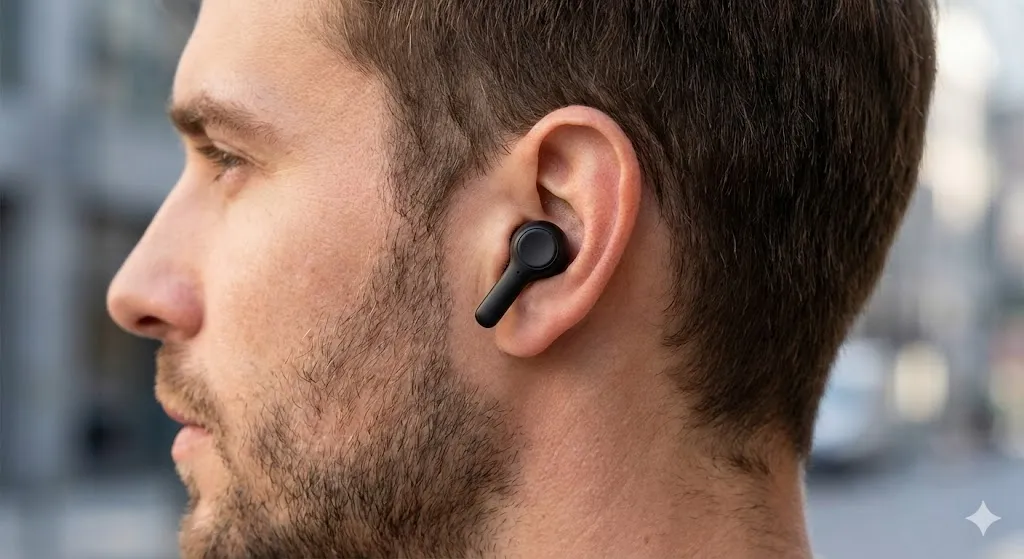 QCY MeloBuds Pro na orelha conforto