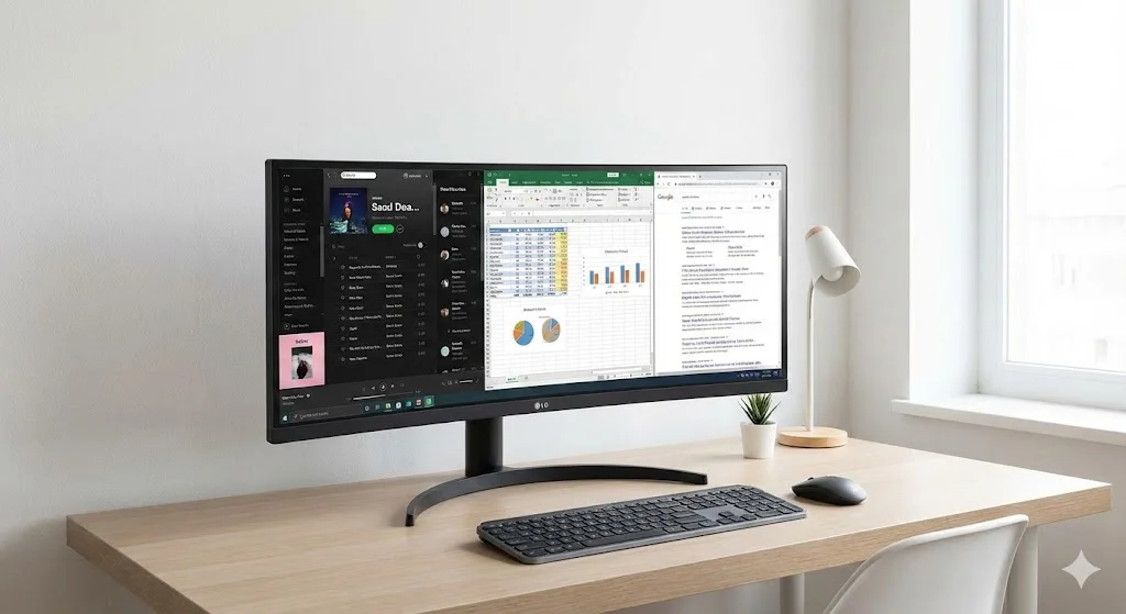 Monitor LG Ultrawide 29 polegadas com multitarefa.