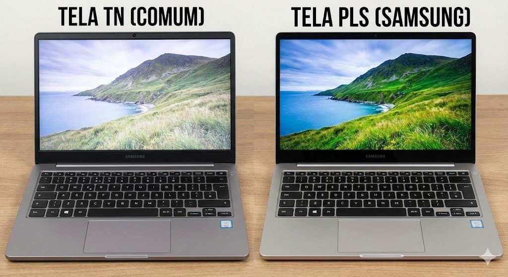 Comparativo de tela TN vs tela PLS do Samsung Galaxy Book.
