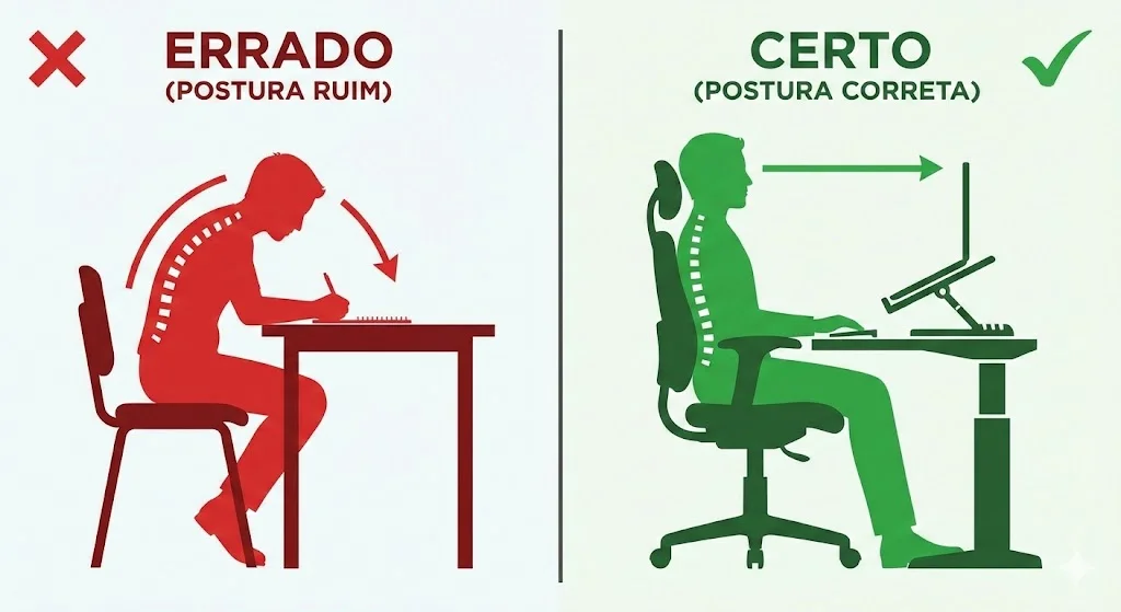 Diferença de postura com e sem suporte para notebook ergonômico.
