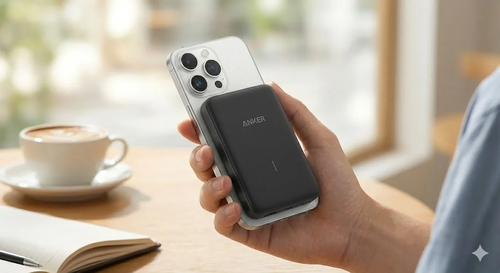 Carregador portátil Anker MagSafe para iPhone.