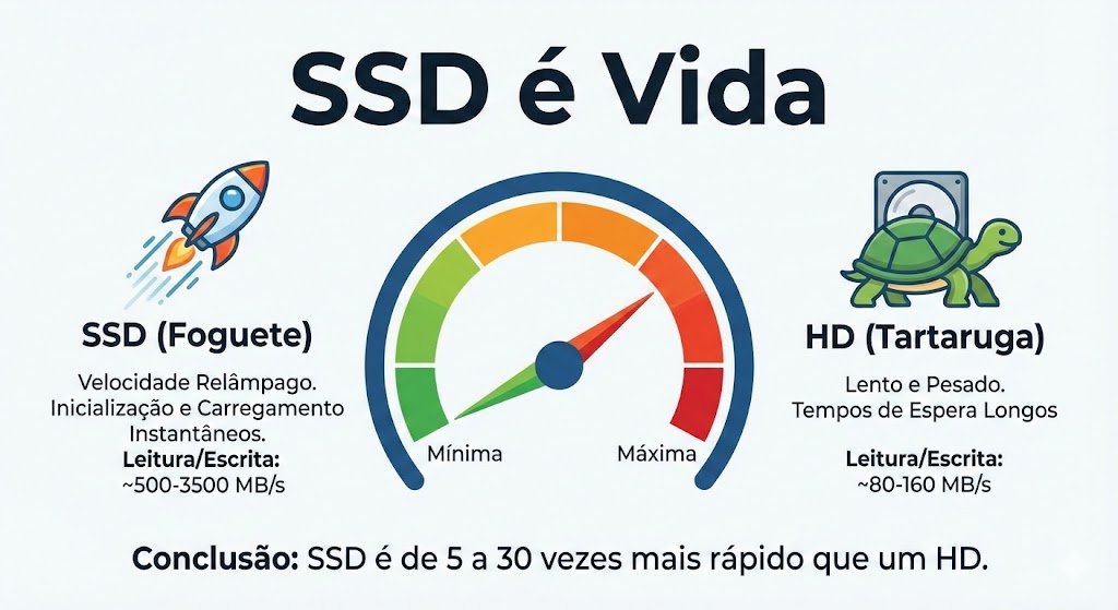 Comparativo de velocidade entre SSD e HD em notebooks.