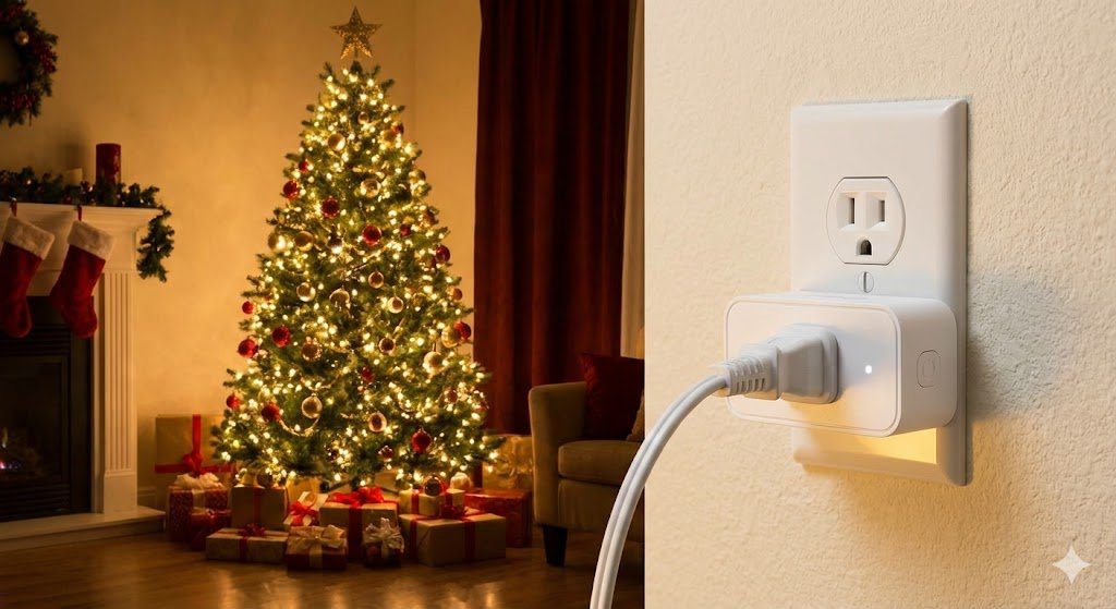 Tomada inteligente controlando luzes da árvore de Natal.