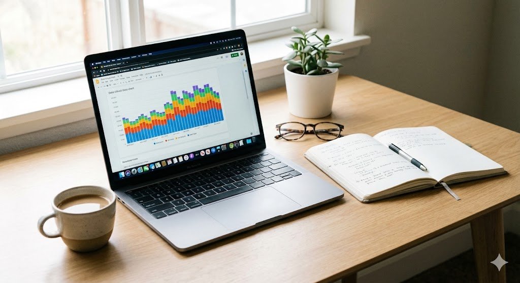 Notebook bom e barato aberto em mesa de estudos home office.