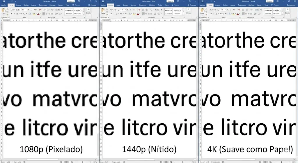 Diferença nitidez texto monitor 1080p vs 1440p vs 4k macro zoom