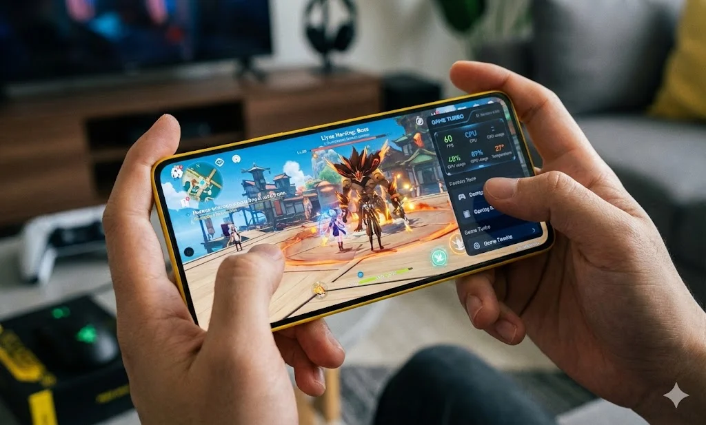 Celular Poco X6 Pro rodando jogo Genshin Impact com gráficos no máximo
