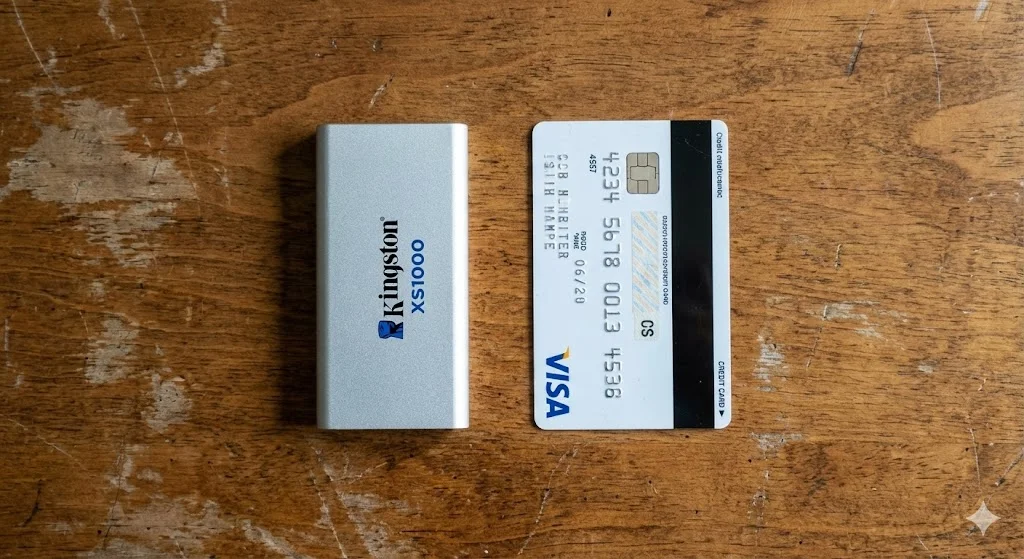 Tamanho SSD Kingston XS1000 comparado com um cartão de crédito