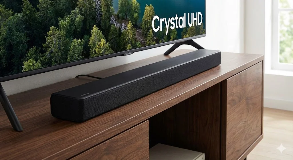 Soundbar Samsung HW-B555 com subwoofer sem fio instalada na sala