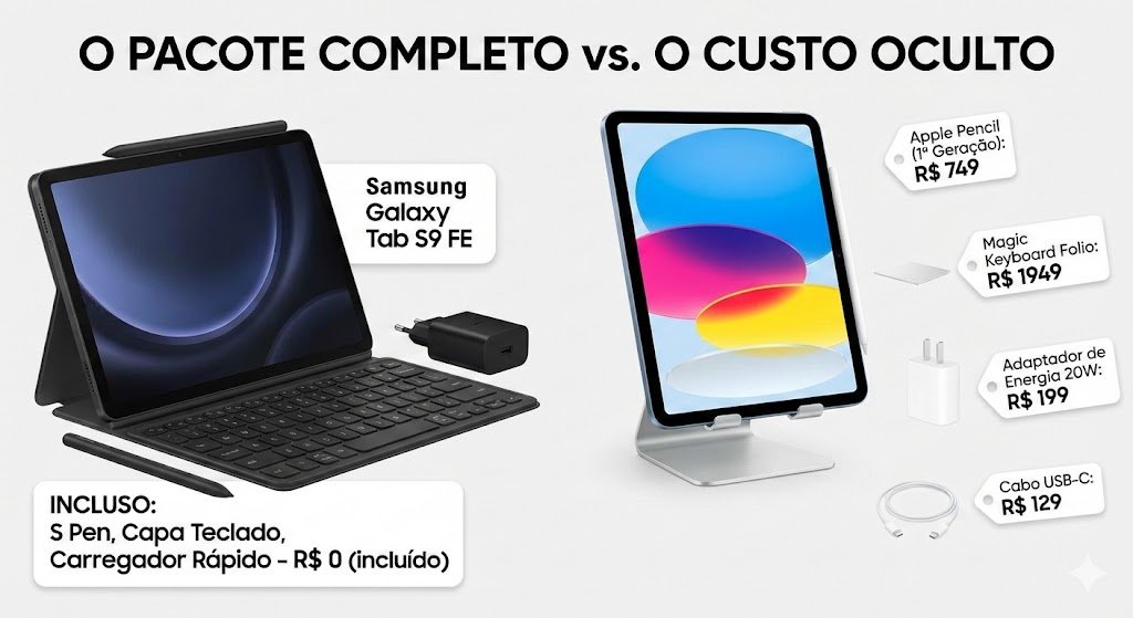 Comparativo de custo real Galaxy Tab S9 FE vs iPad 10 com acessórios