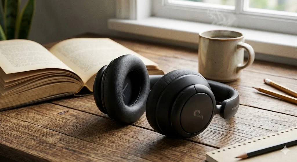 Headphone Anker Soundcore Q30 na mesa de estudos.