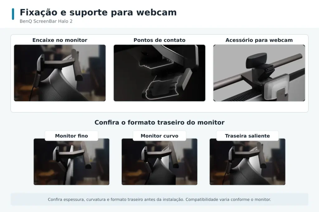 Sistema de fixação e acessório para webcam da BenQ ScreenBar Halo 2, com exemplos em diferentes formatos de monitor.