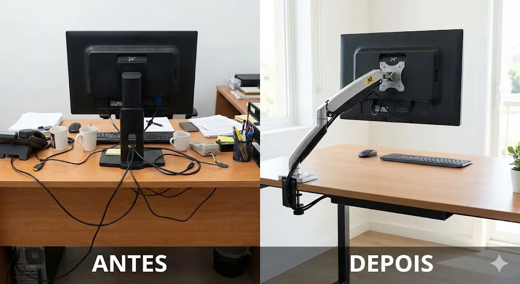 Antes e depois suporte articulado de mesa liberando espaço
