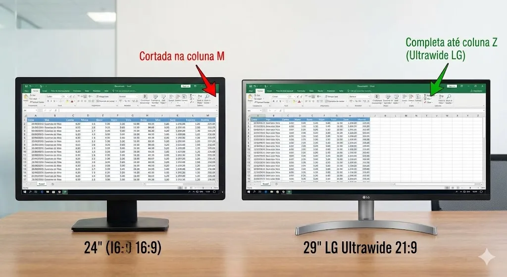 Diferença planilha excel monitor ultrawide vs normal