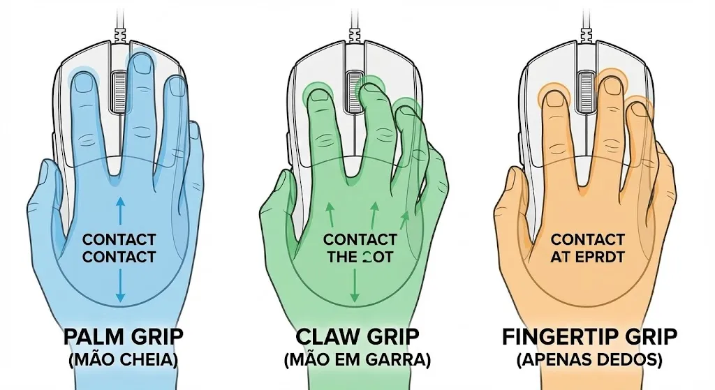 Tipos de pegada mouse gamer Palm Claw Fingertip como escolher