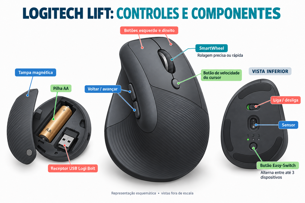 recursos e controles do Logitech Lift