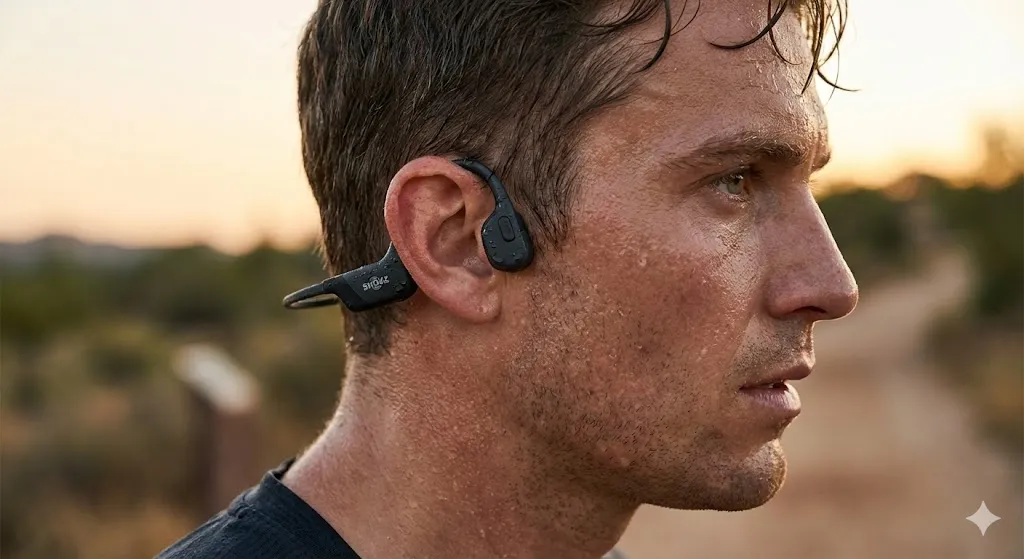 Shokz OpenRun fone de condução óssea no ouvido de corredor