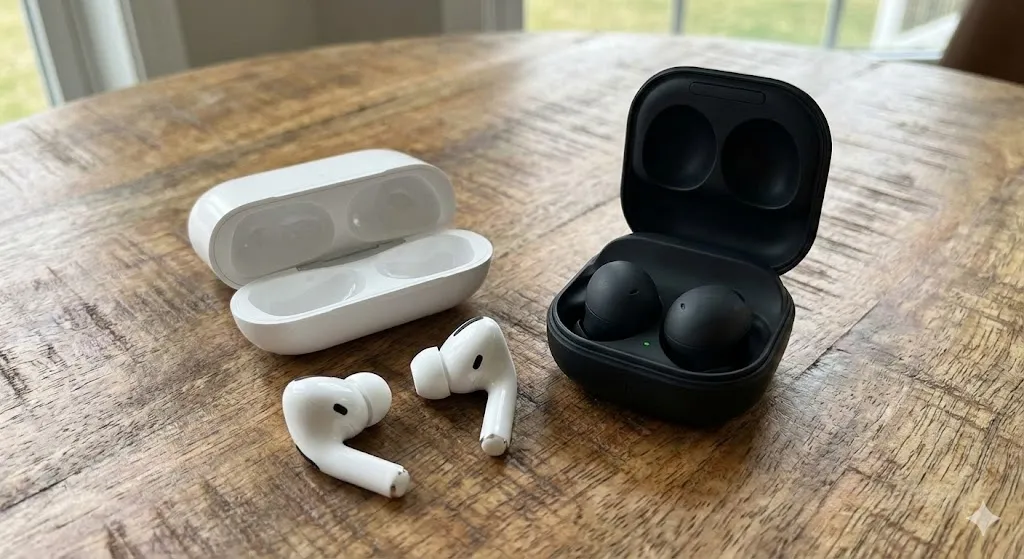 Comparativo design AirPods Pro 2 vs Galaxy Buds2 Pro estojos abertos