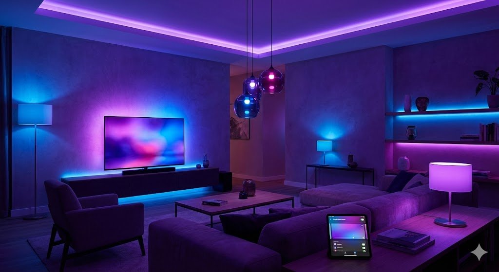 Sala decorada com iluminação inteligente Philips Hue cenas coloridas