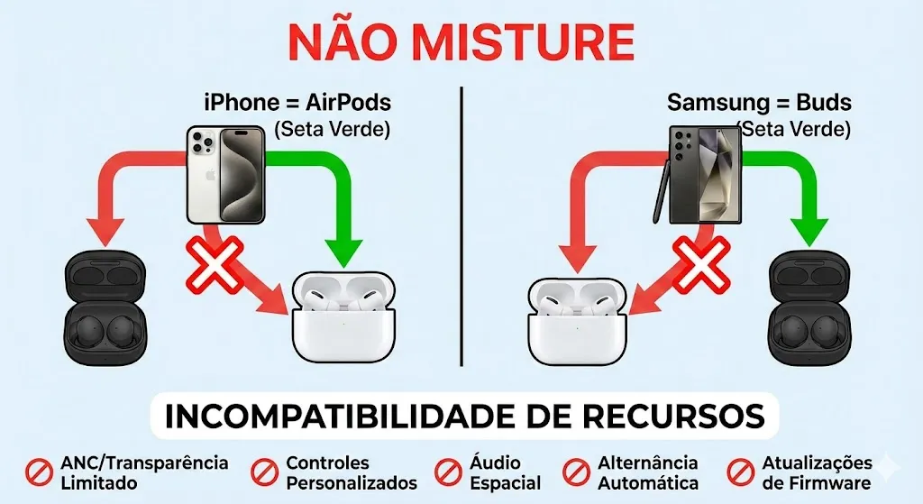 Infográfico compatibilidade AirPods e Galaxy Buds