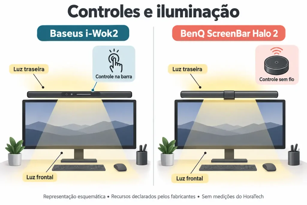 Comparação esquemática dos controles e da iluminação frontal e traseira da Baseus i‑Wok2 e BenQ ScreenBar Halo 2.