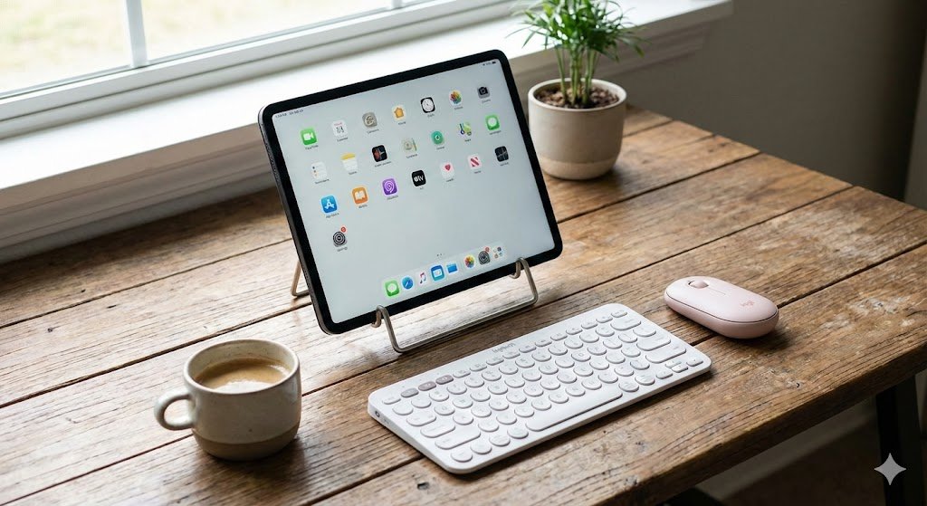 Setup tablet com teclado e mouse bluetooth logitech k380 e pebble