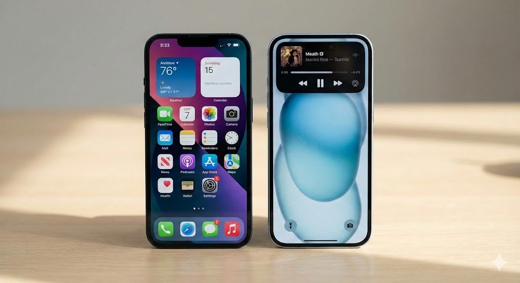 Comparativo visual iPhone 13 vs iPhone 15 mostrando diferença de tela e entalhe