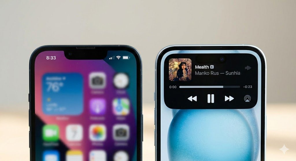 Notch do iPhone 13 versus Dynamic Island funcional do iPhone 15 em uso