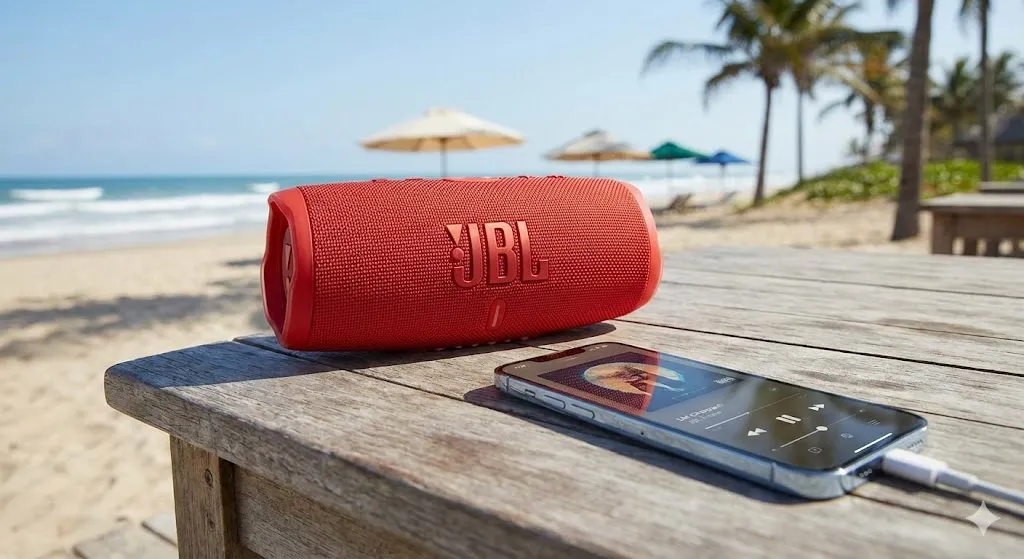 JBL Charge 5 função powerbank praia carregando celular