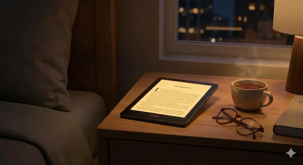 Kindle Paperwhite com luz quente ativada para leitura noturna.