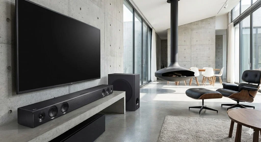 Soundbar LG SNH5 de alta potência em sala de estar grande