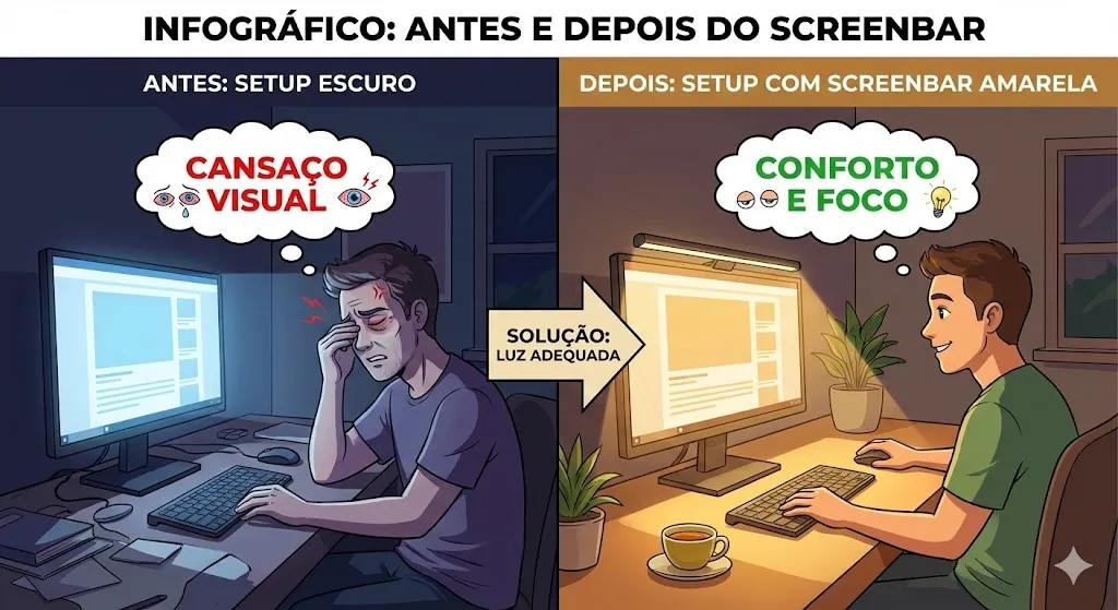 Infografico antes e depois screenbar conforto visual