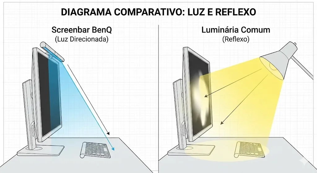 Diagrama ótica assimétrica screenbar vs luminaria comum reflexo