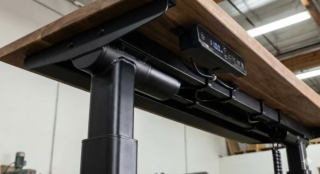 Detalhe estrutura motor duplo mesa regulagem altura