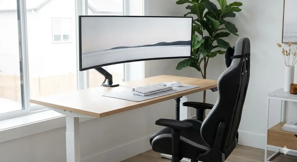 Setup home office com mesa regulagem de altura standing desk motorizada