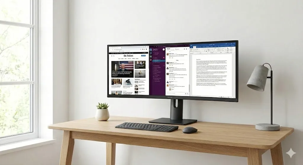Setup minimalista com monitor ultrawide para produtividade e multitarefa
