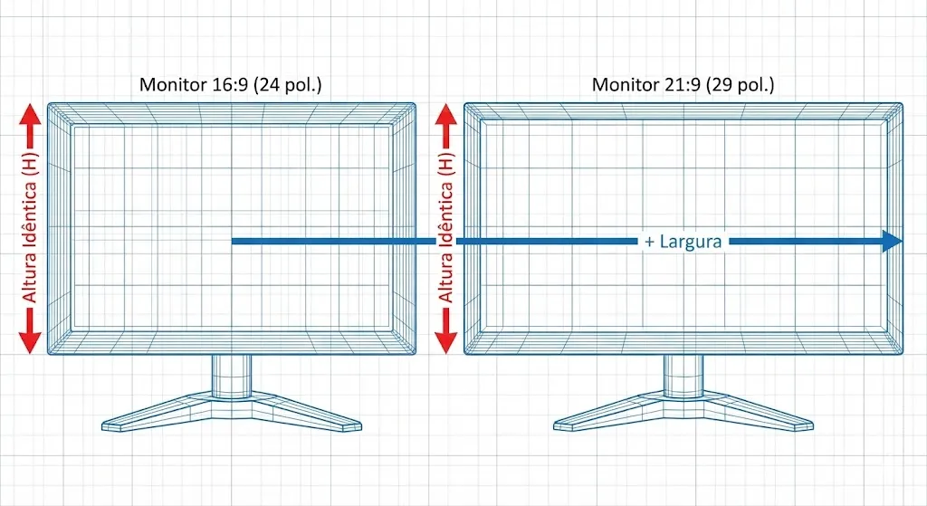 Comparativo de tamanho monitor 24 polegadas vs ultrawide 29 polegadas