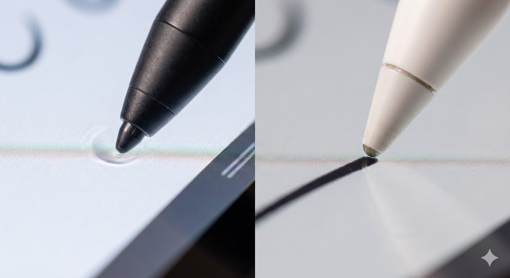 Diferença da ponta da caneta S-Pen emborrachada vs Apple Pencil rígida