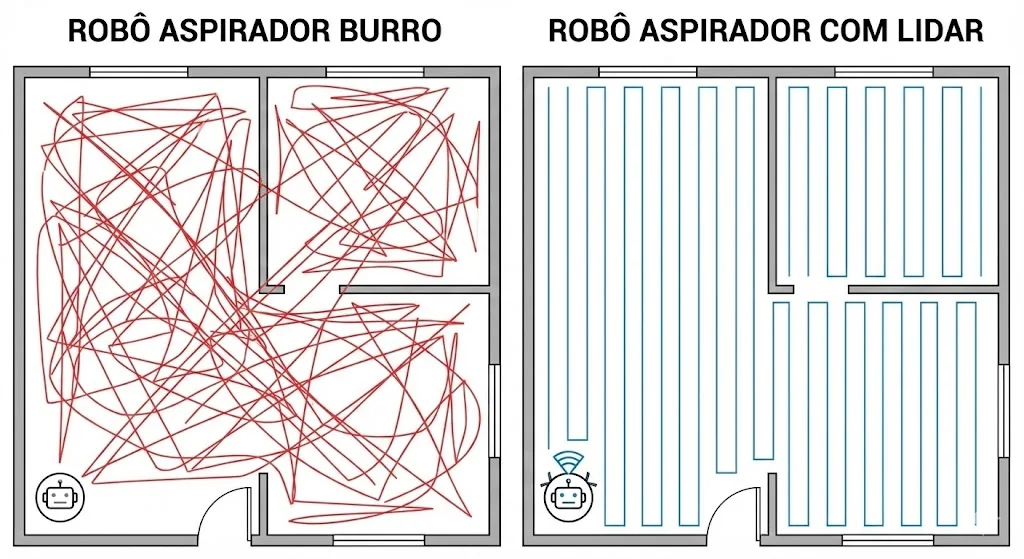 Diferença navegação robô aspirador aleatório vs mapeamento laser.