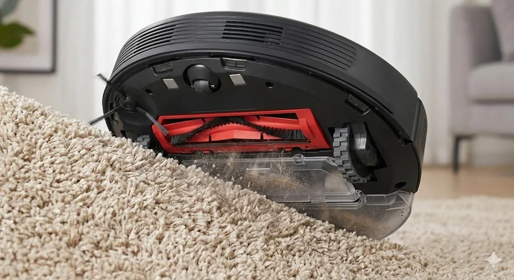 Roborock Q7 Max aspirando tapete com escova anti-emaranhamento.