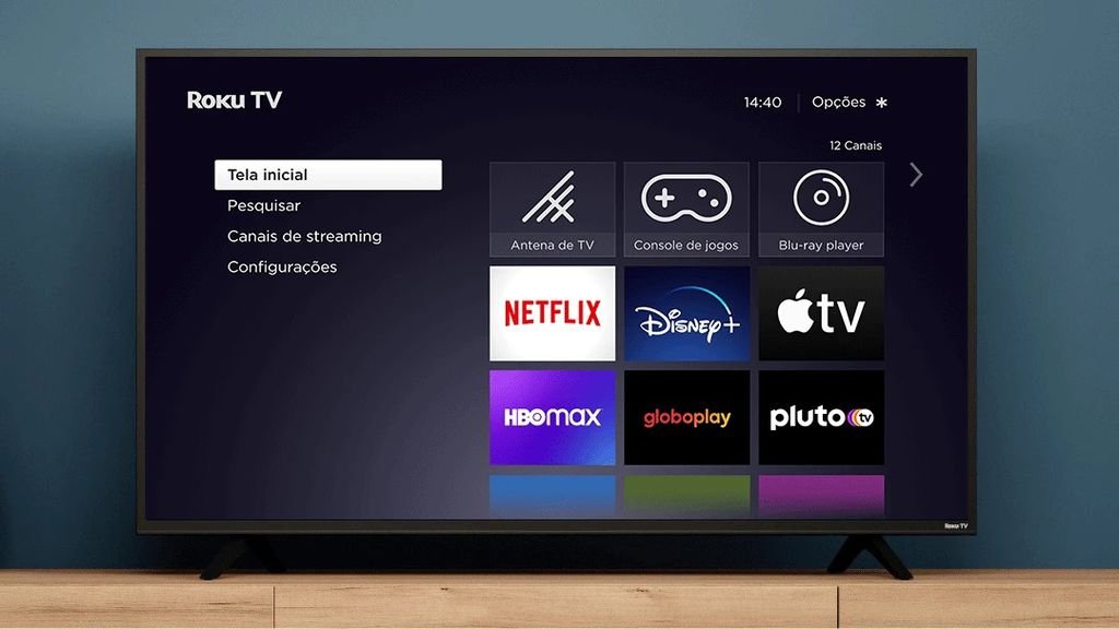 Interface do sistema Roku Express 4K com ícones de aplicativos